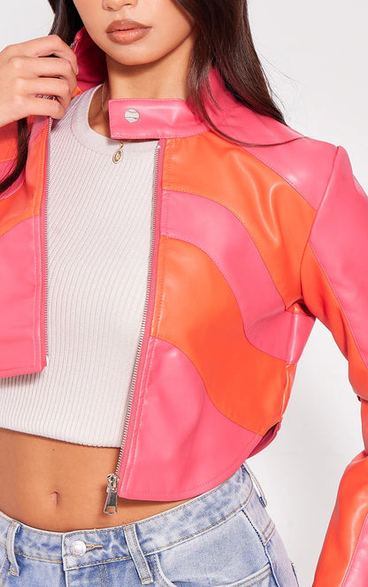 Pink Asymmetric Lines Leather Crop Jacket