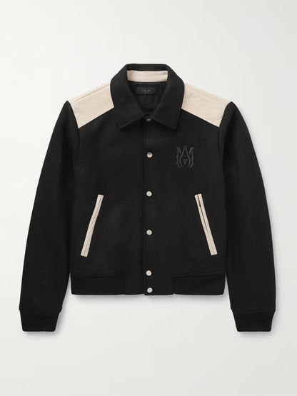 Black Wool-Blend Twill & Cream Leather Varsity Jacket