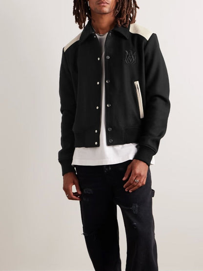 Black Wool-Blend Twill & Cream Leather Varsity Jacket