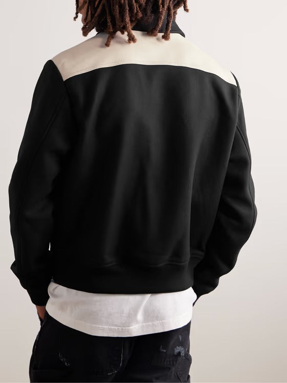 Black Wool-Blend Twill & Cream Leather Varsity Jacket