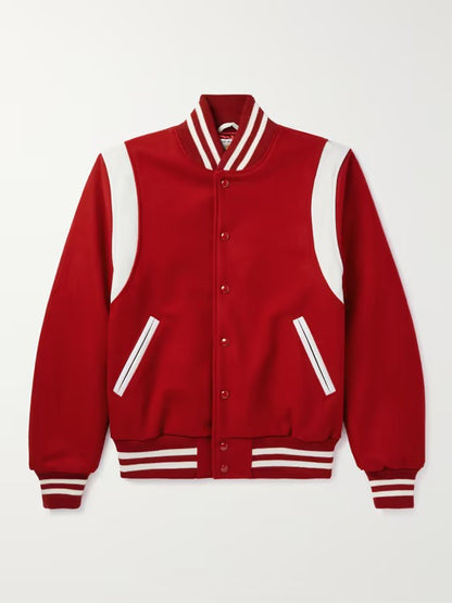 Red Wool-Blend and White Leather Varsity Jacket