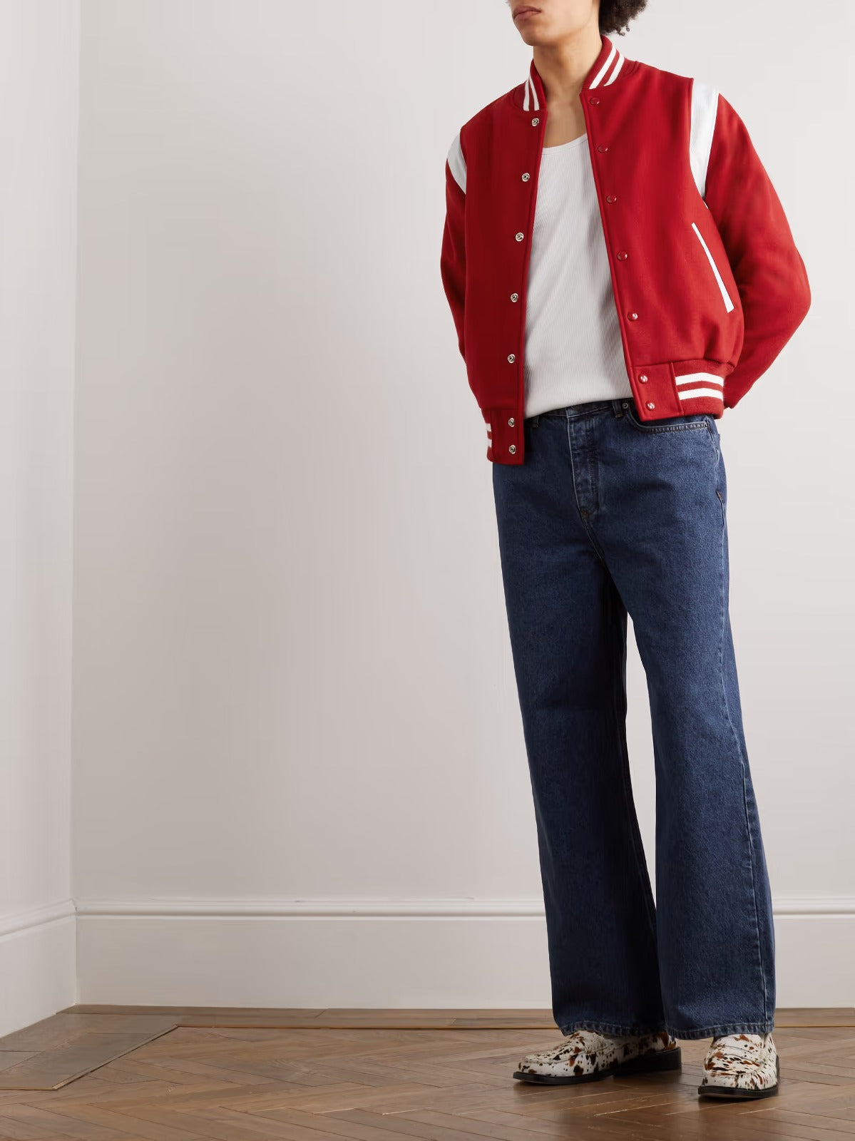 Red Wool-Blend and White Leather Varsity Jacket