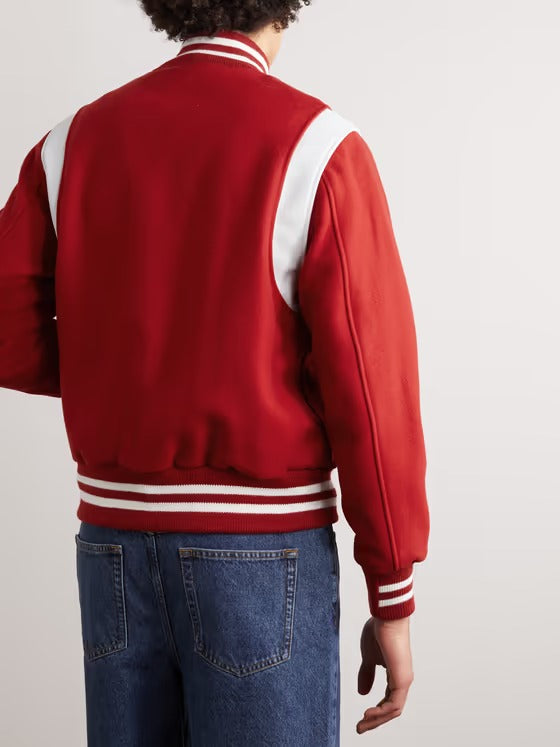 Red Wool-Blend and White Leather Varsity Jacket