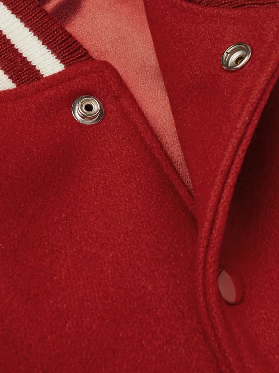 Red Wool-Blend and White Leather Varsity Jacket