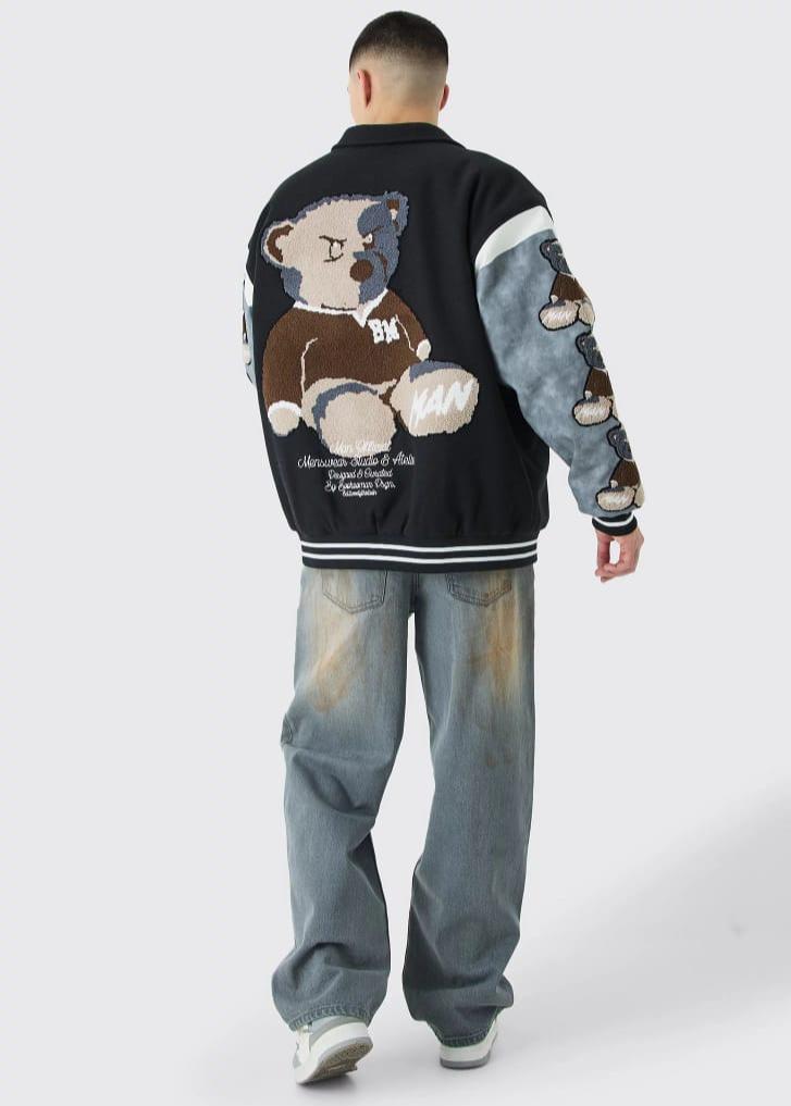 Oversized Washed Sleeve Teddy Varsity Jacket – Cozy & Trendy