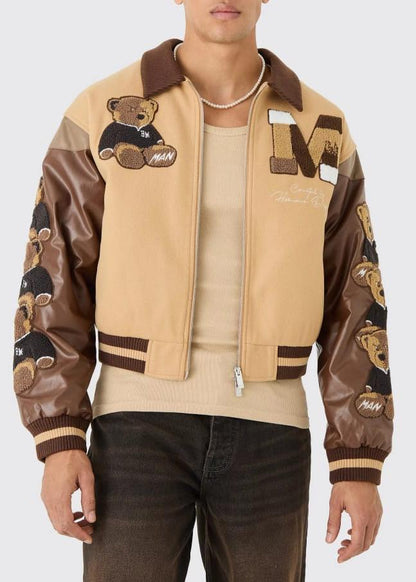 Boxy Teddy Badge Knitted Collar Varsity Jacket – Chic & Cozy