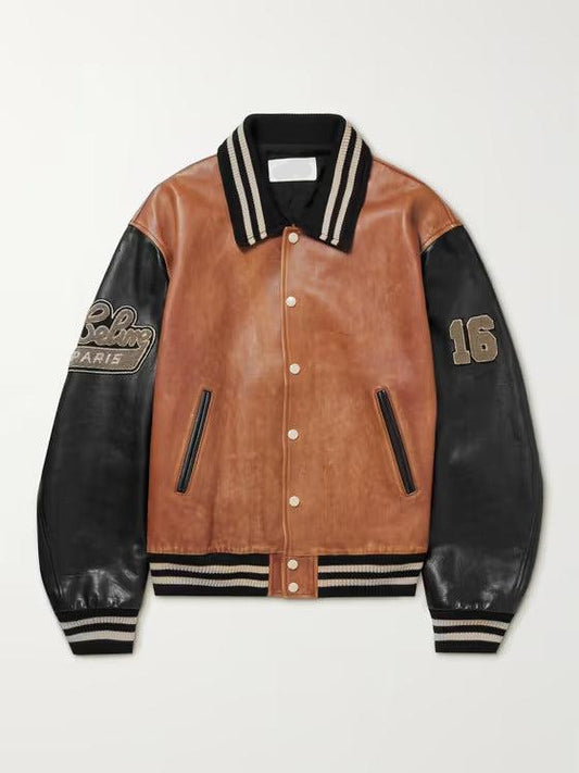 Light-Brown and Black Leather Varsity Jacket – Timeless Style