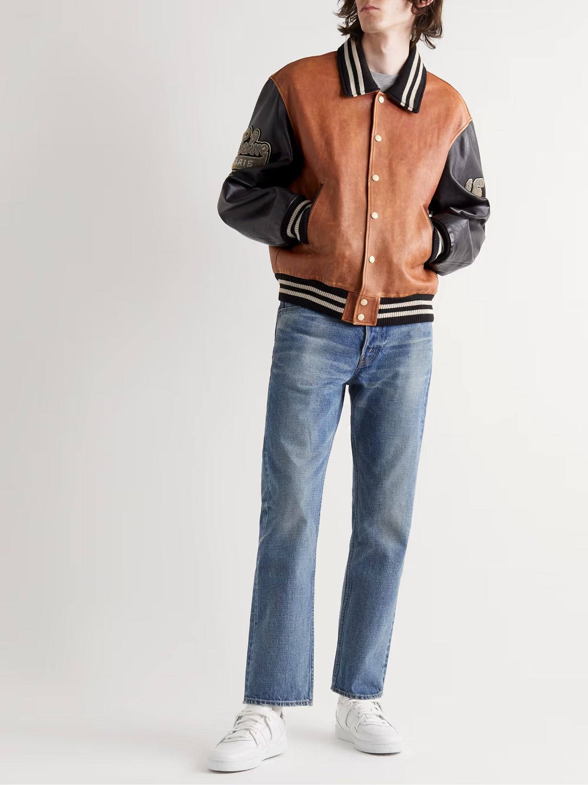 Light-Brown and Black Leather Varsity Jacket – Timeless Style