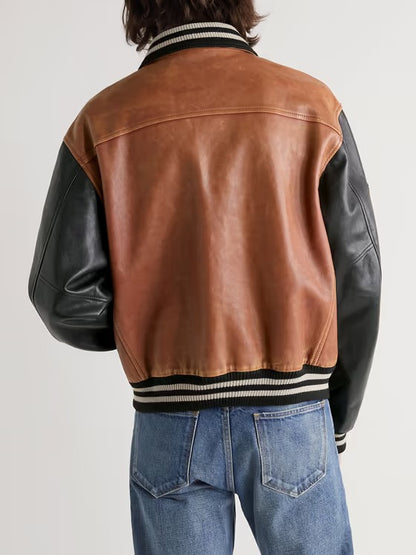 Light-Brown and Black Leather Varsity Jacket – Timeless Style