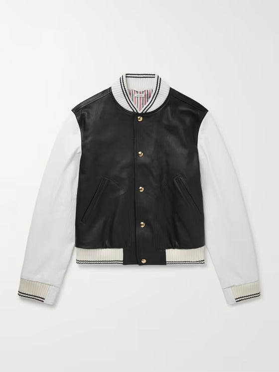 Two-Tone Full-Grain Leather Varsity Bomber Jacket