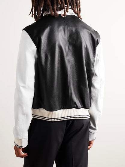 Two-Tone Full-Grain Leather Varsity Bomber Jacket