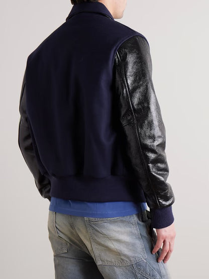 Padded Wool-Blend Felt and Cracked Glossed-Leather Varsity Jacket