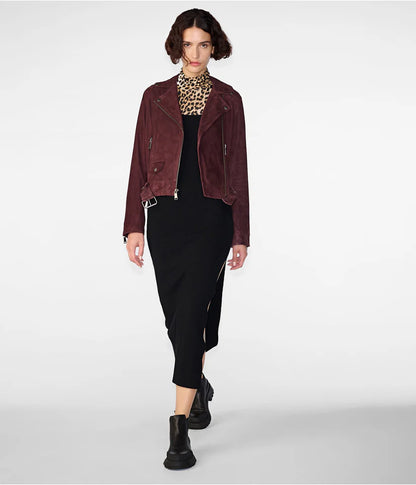 Women's Maroon Suede Leather Biker Jacket