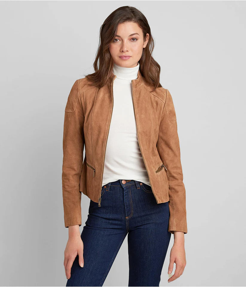 Women's Tan Brown Leather Biker Jacket