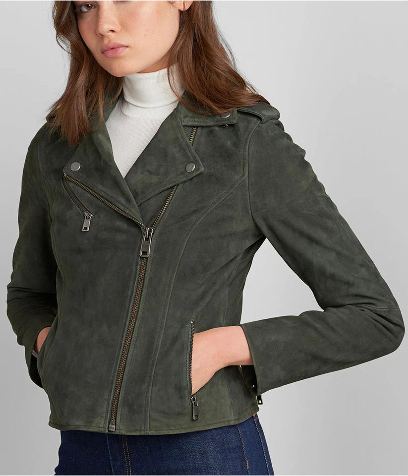 Women's Olive Suede Leather Moto Jacket