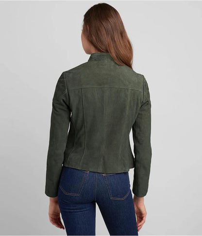 Women's Olive Green Suede Leather Biker Jacket