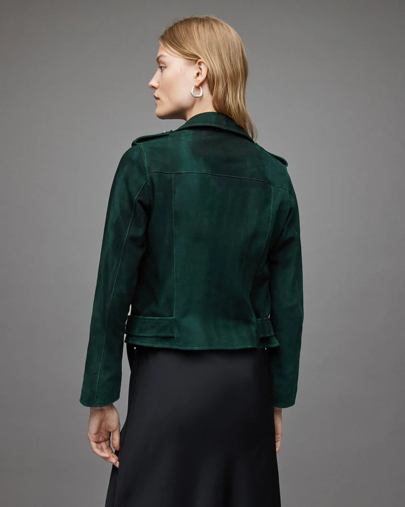 Women's Royal Green Suede Leather Biker Jacket