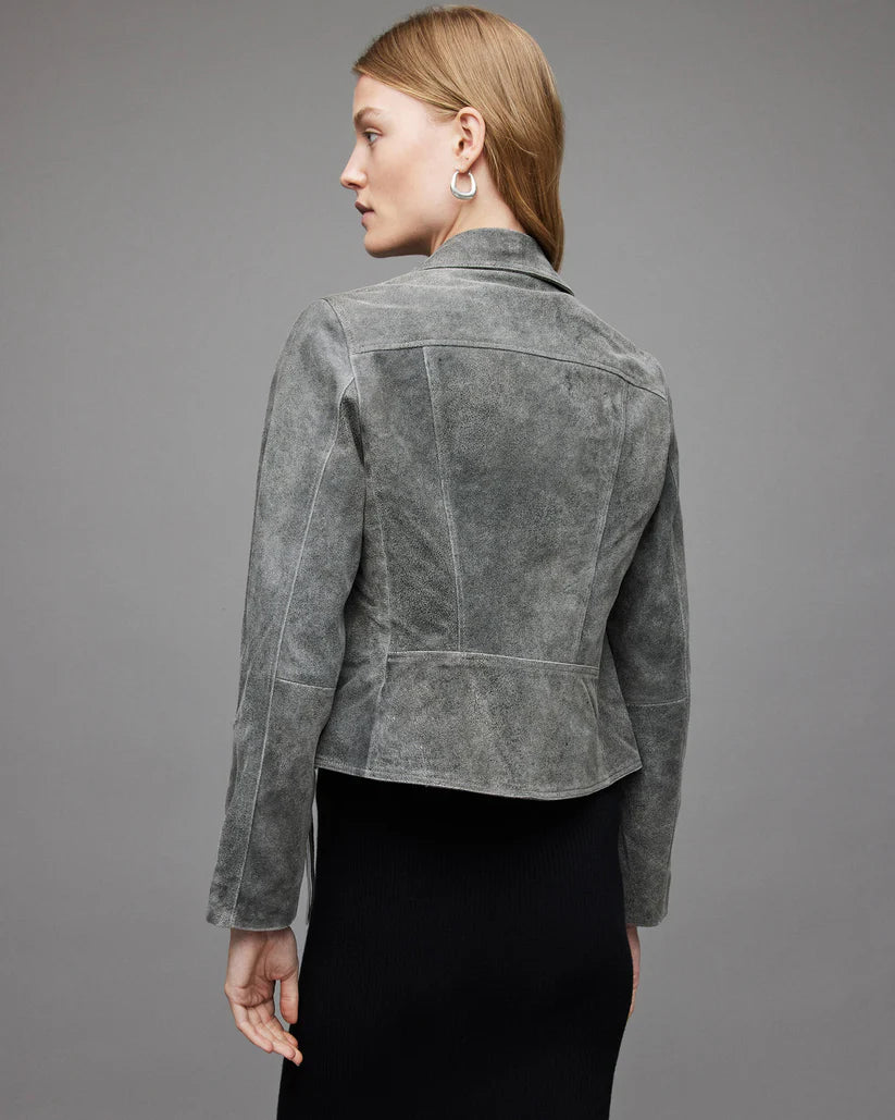 Women's Grey Suede Leather Biker Jacket