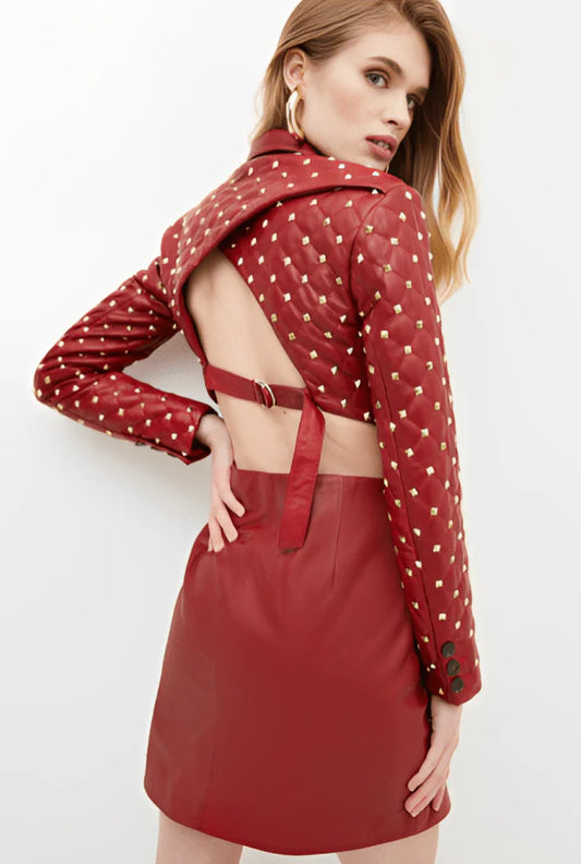 Red Quilted Studded Leather Blazer