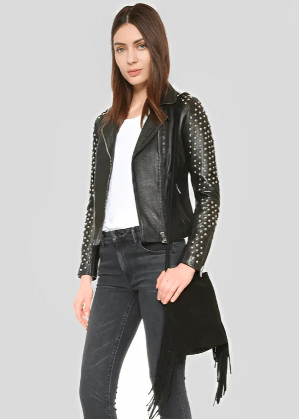 Women's Studded Black Leather Biker Jacket