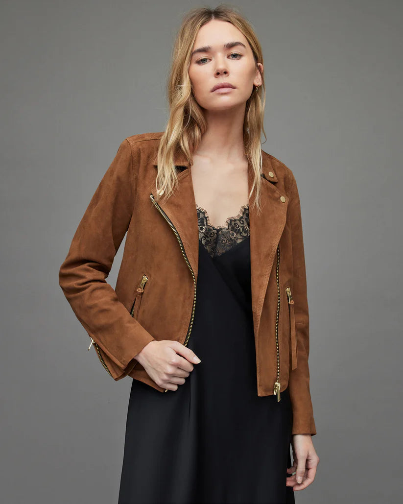 Women's Tan Brown Suede Leather Biker Jacket