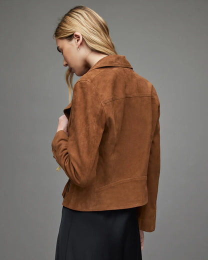 Women's Tan Brown Suede Leather Biker Jacket