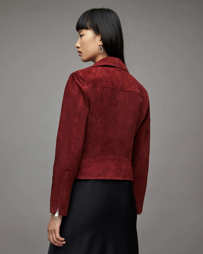 Women's Red Suede Leather Biker Jacket