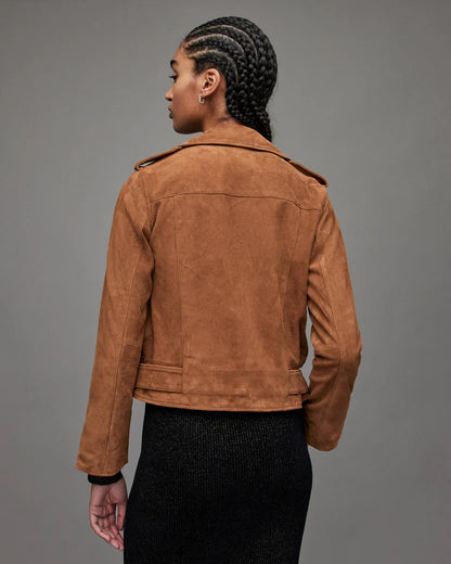 Women's Tan Brown Suede Leather Biker Jacket