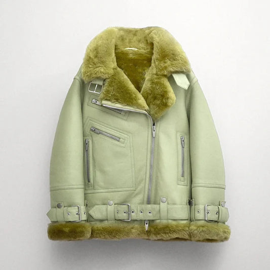 Light Green Shearling Leather Jacket