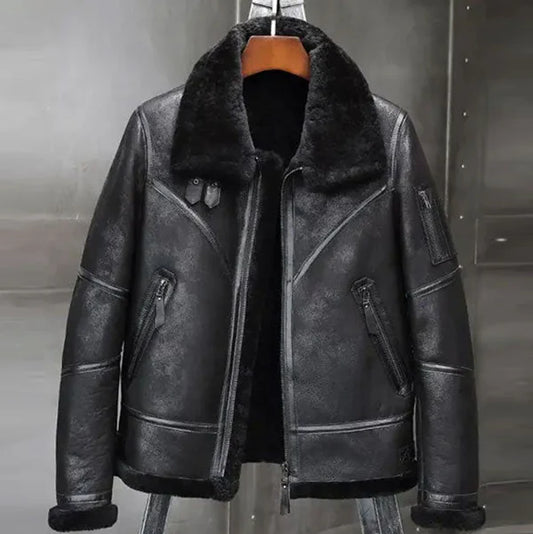 Men's Black Aviator Shearling Bomber Leather Jacket - Stylish & Warm