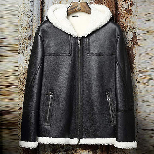 Men’s Black Sheepskin Leather White Shearling Jacket with Hood - Stylish & Cozy