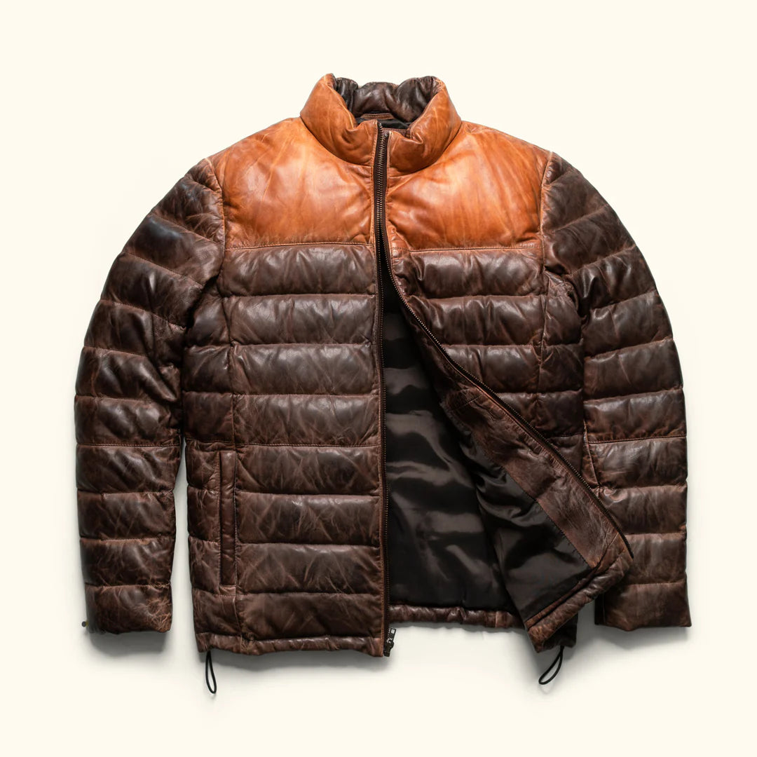 Bridger-Style Tan & Brown Puffer Leather Jacket