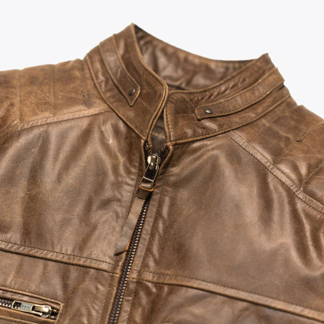 Distressed Brown Cafe Race Jacket