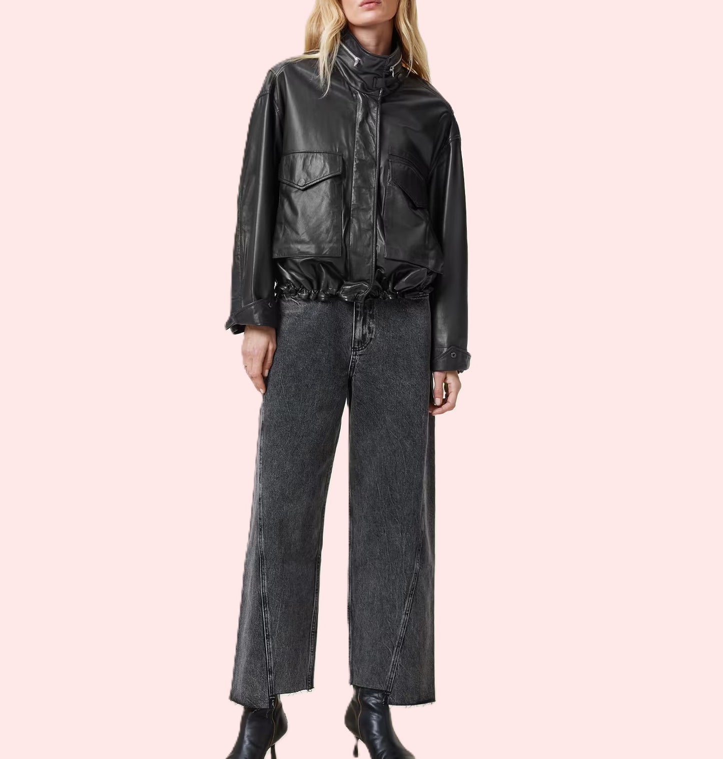 Women’s Funnel Neck Nappa Leather Jacket