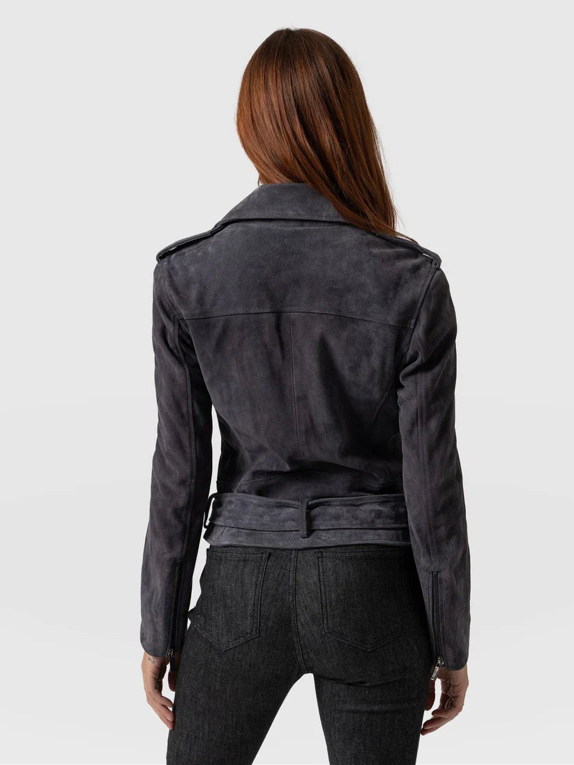 Women's Matte Grey Suede Leather Biker Jacket