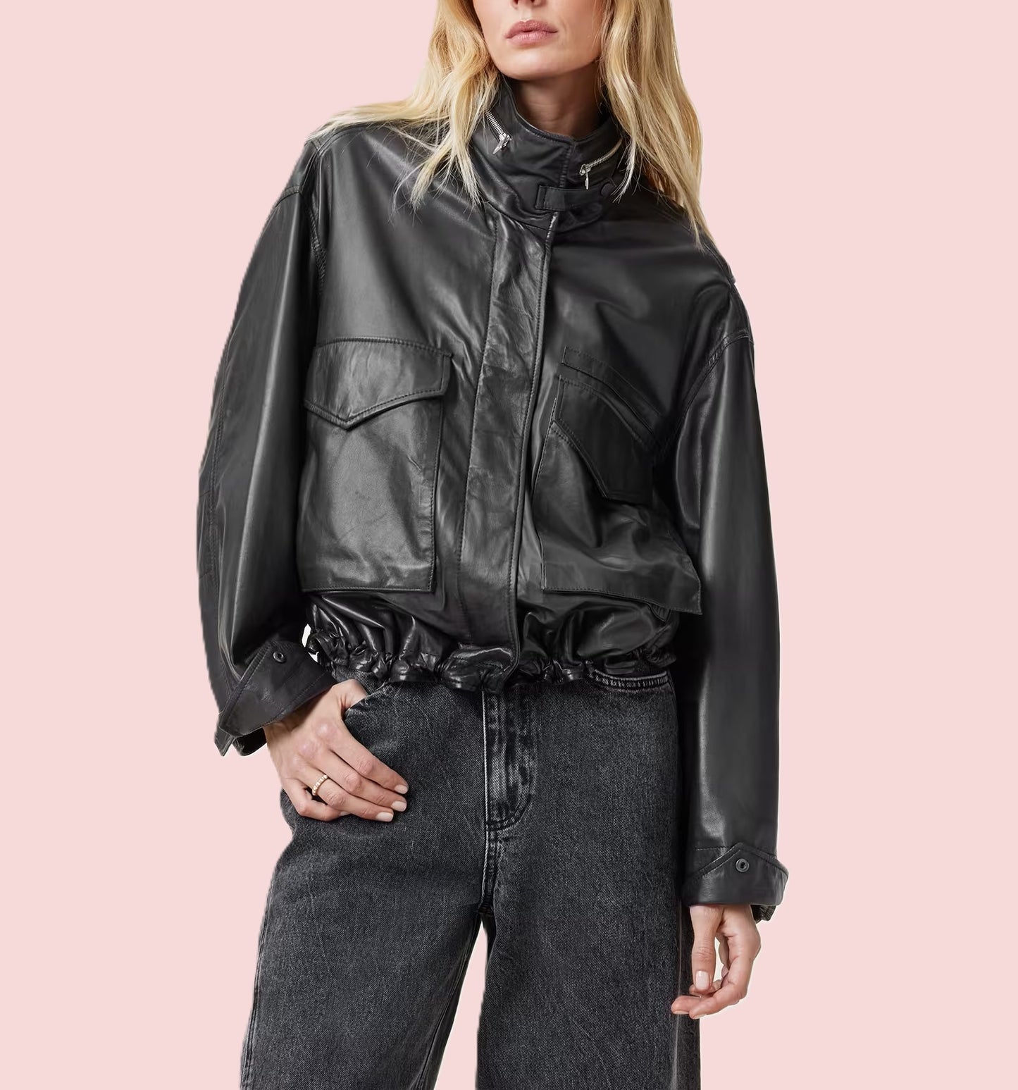 Women’s Funnel Neck Nappa Leather Jacket