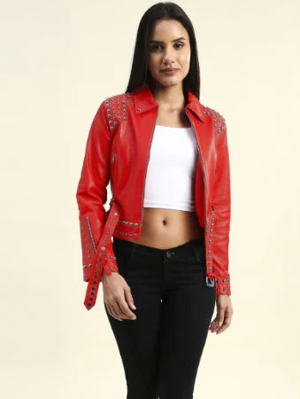 Red Women's Studded Leather Jacket