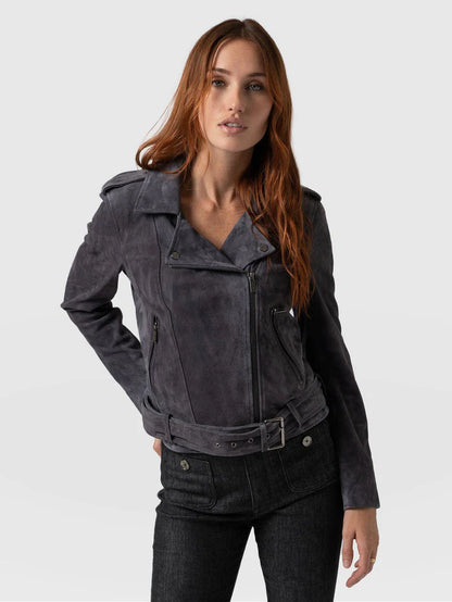 Women's Matte Grey Suede Leather Biker Jacket