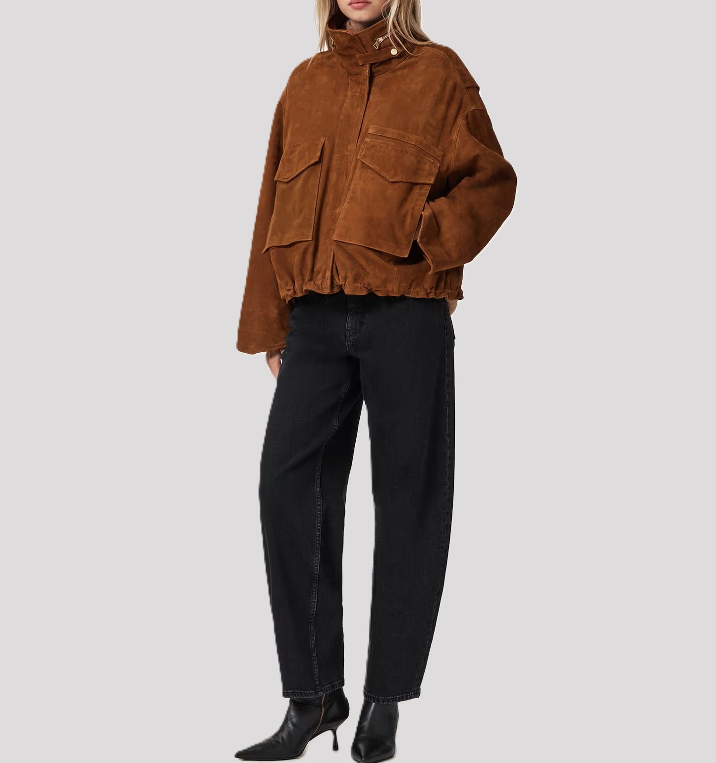 Women’s Funnel Neck Suede Leather Jacket |