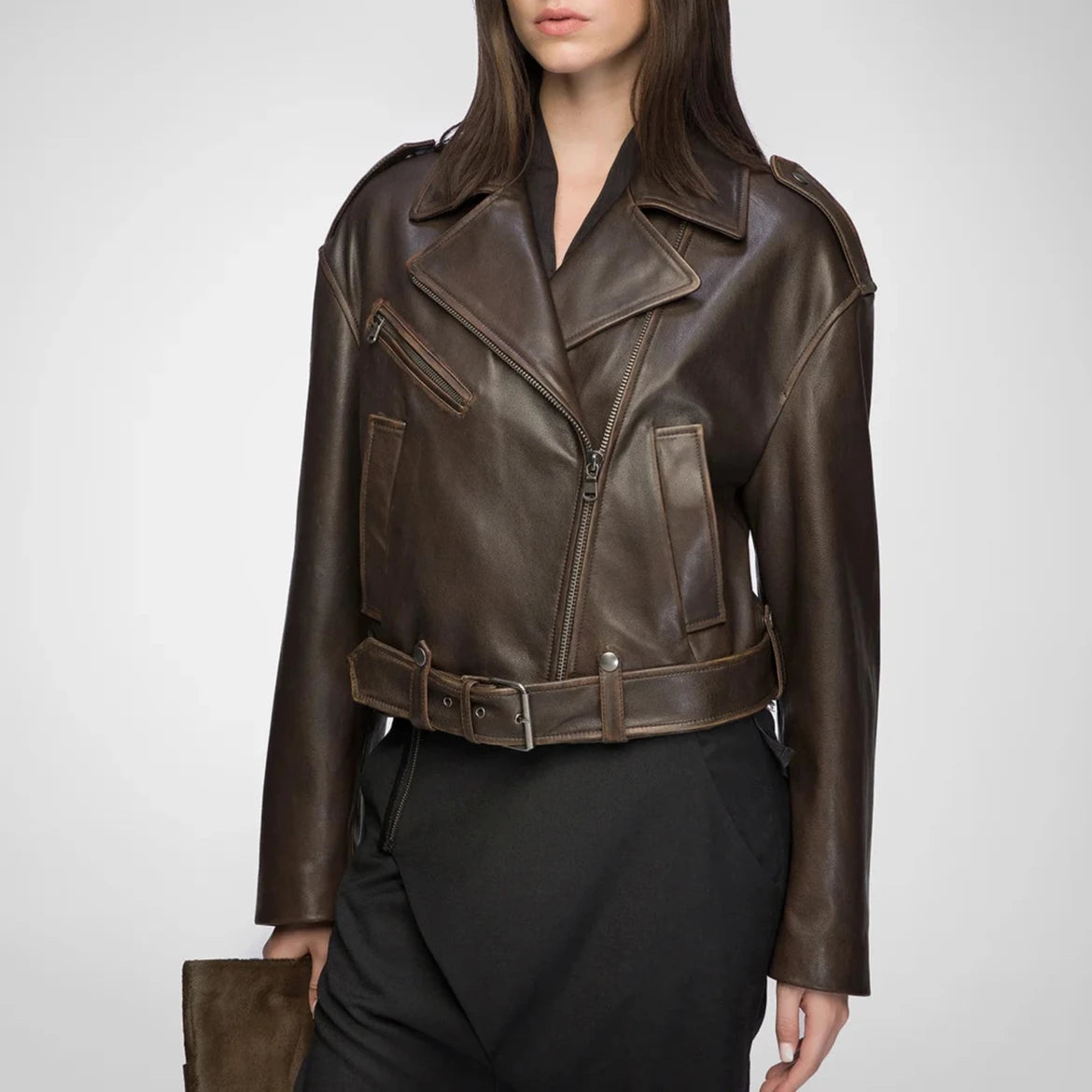 Vintage Brown Cropped Leather Jacket