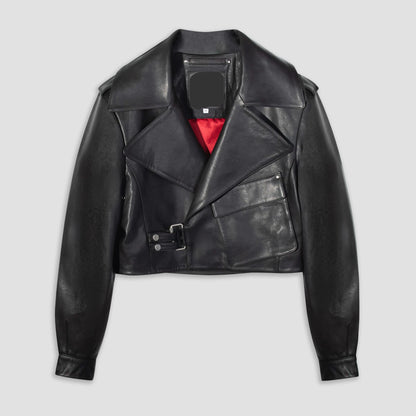 Women's Black Cropped Leather Biker Jacket