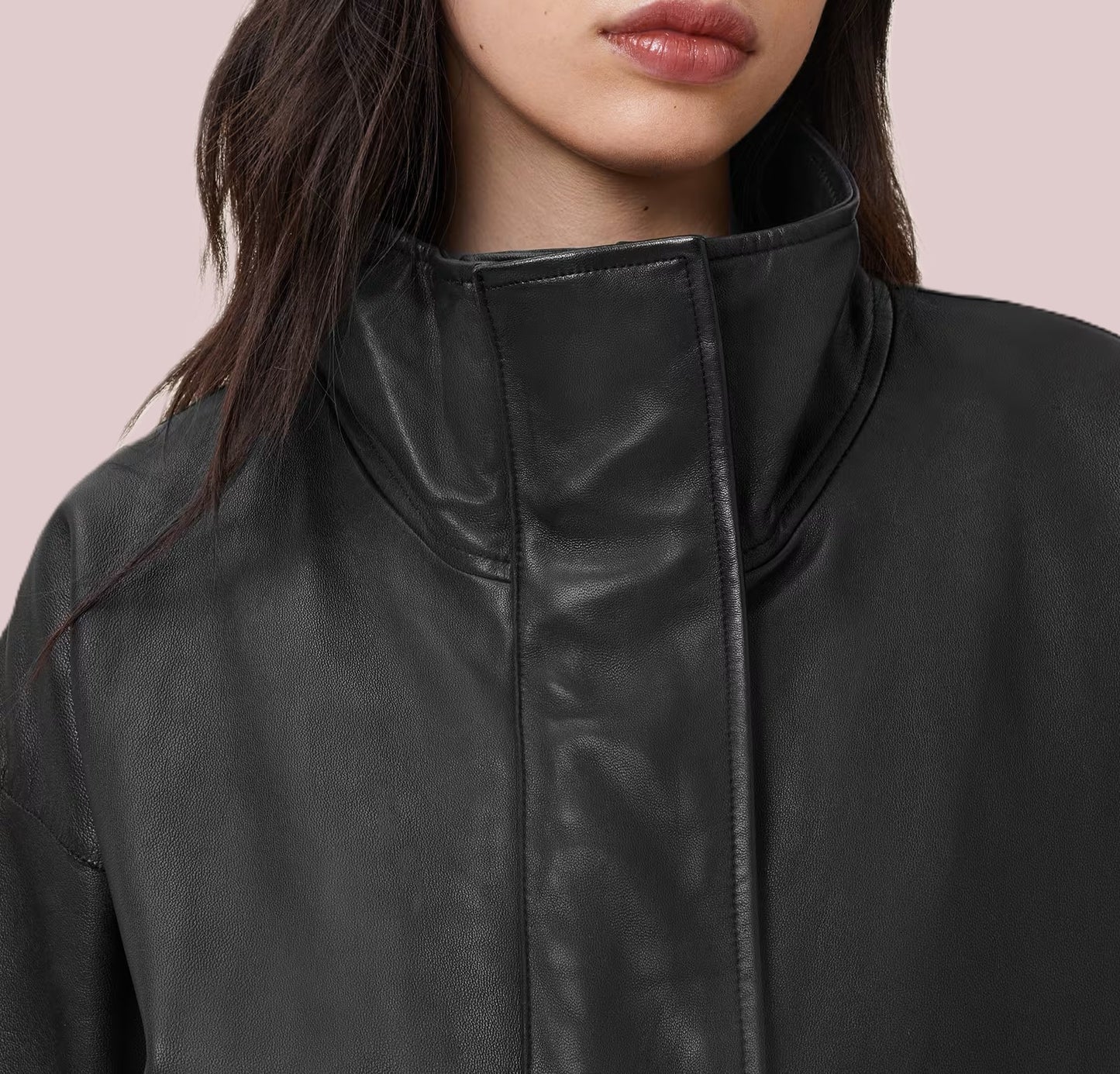 Women's Modern Funnel Neck Leather Jacket
