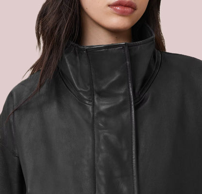 Women's Modern Funnel Neck Leather Jacket