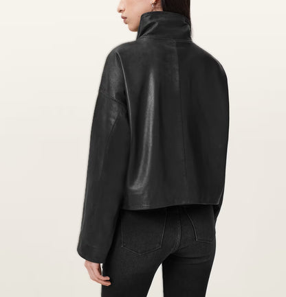 Women's Modern Funnel Neck Leather Jacket