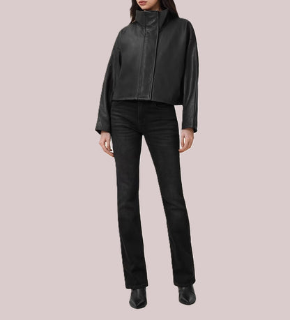 Women's Modern Funnel Neck Leather Jacket