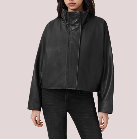 Women's Modern Funnel Neck Leather Jacket