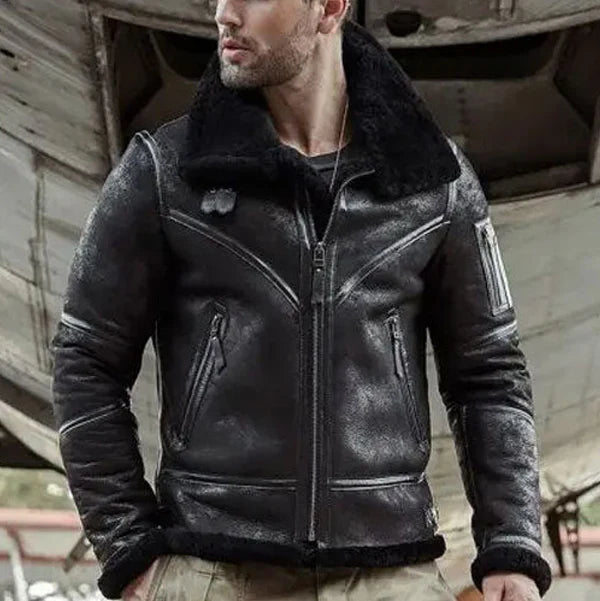 Men's Black Aviator Shearling Bomber Leather Jacket - Stylish & Warm