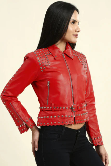 Red Women's Studded Leather Jacket