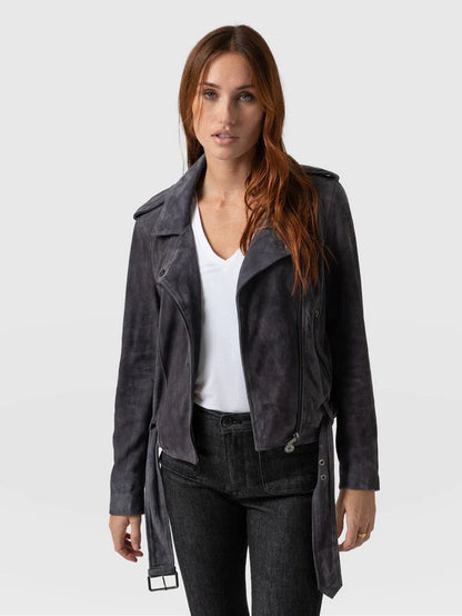 Women's Matte Grey Suede Leather Biker Jacket