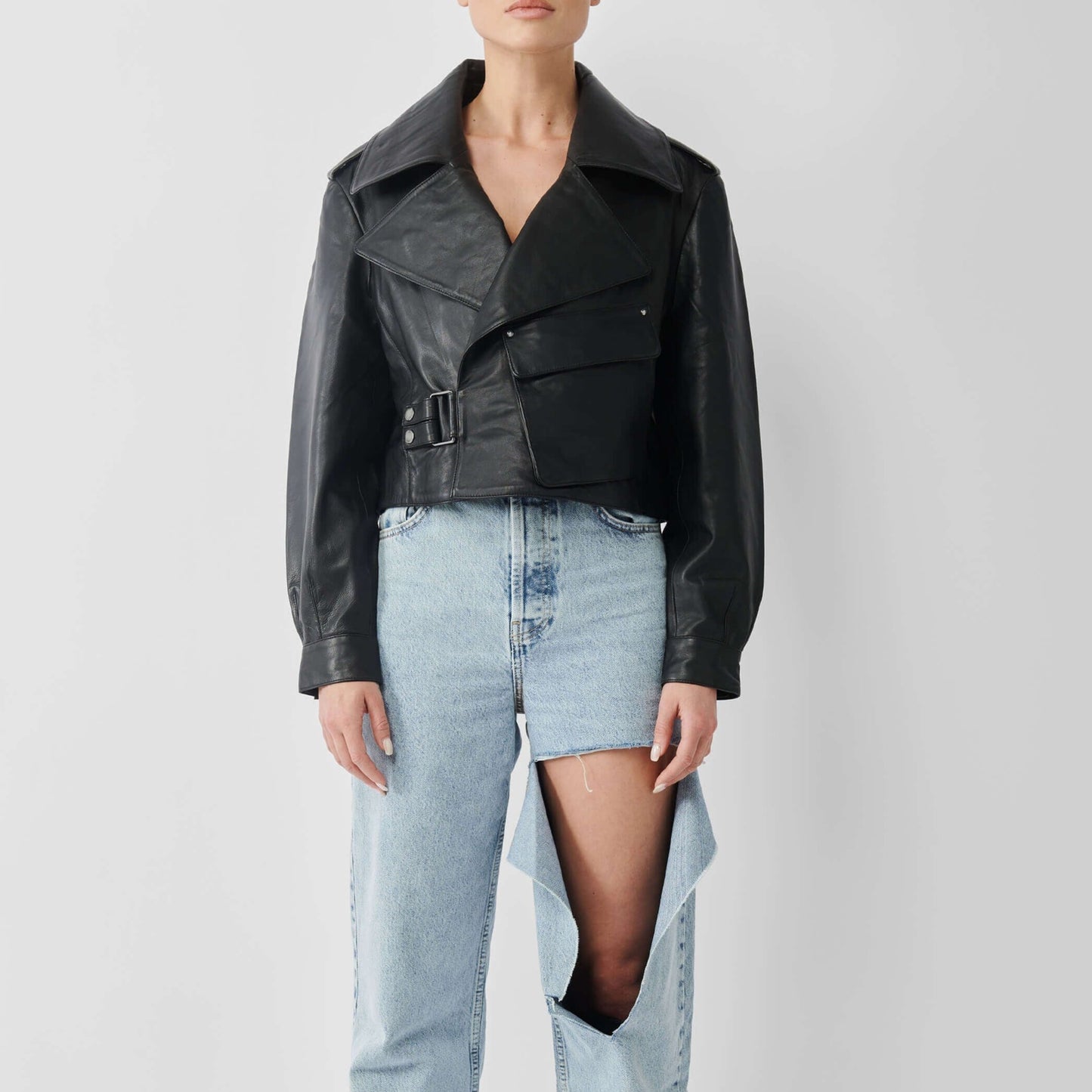 Women's Black Cropped Leather Biker Jacket